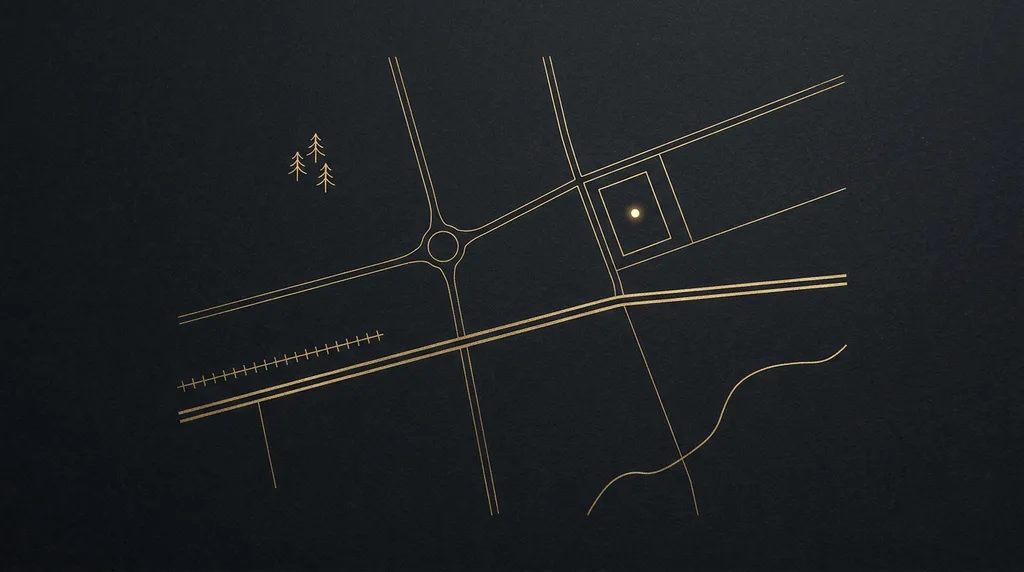 Schematische Skizze: mehrere Straßen kreuzen sich, ein Gebäude an der Kreuzung ist mit einem Punkt markiert, daneben eine Bahnlinie und ein Flusslauf