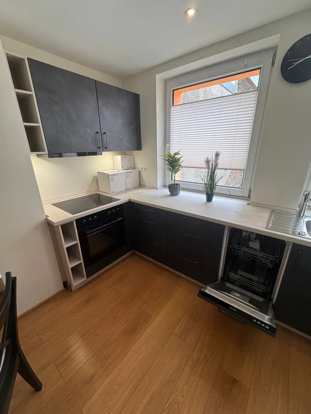 Küche über Eck mit Backofen und Kühlschrank