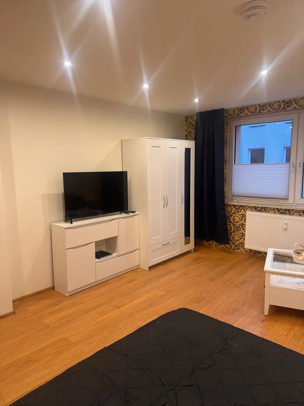 Wohnbereich mit Fernseher und Sideboard im Zwei-Raum-Apartment
